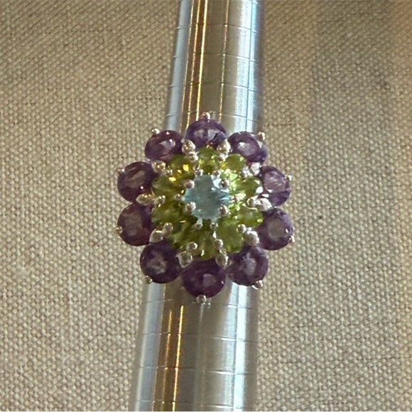 Amethyst Peridot & Blue Topaz Sterling Silver Flower Ring - Size 8 - Picture 3 of 6
